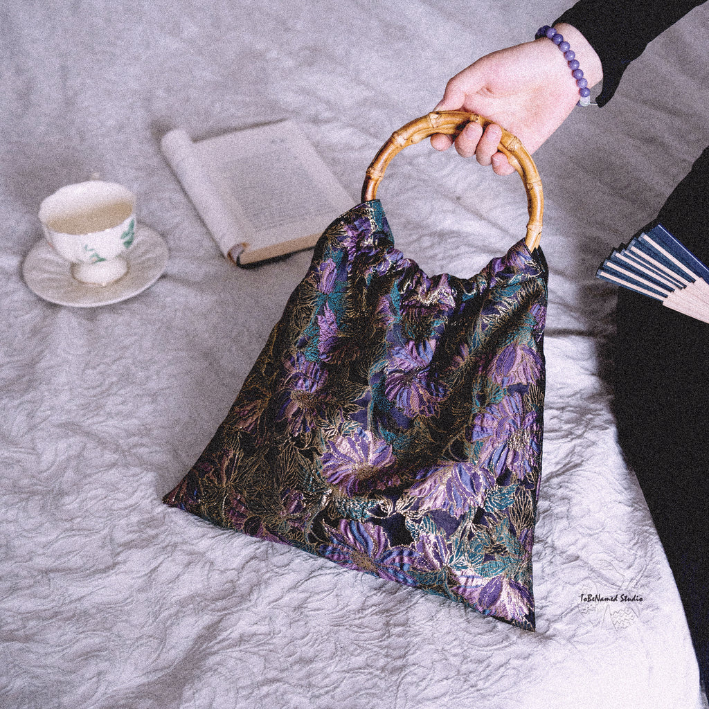VIOLETTOMANIA Purple Floral Jacquard Bamboo Handbag
