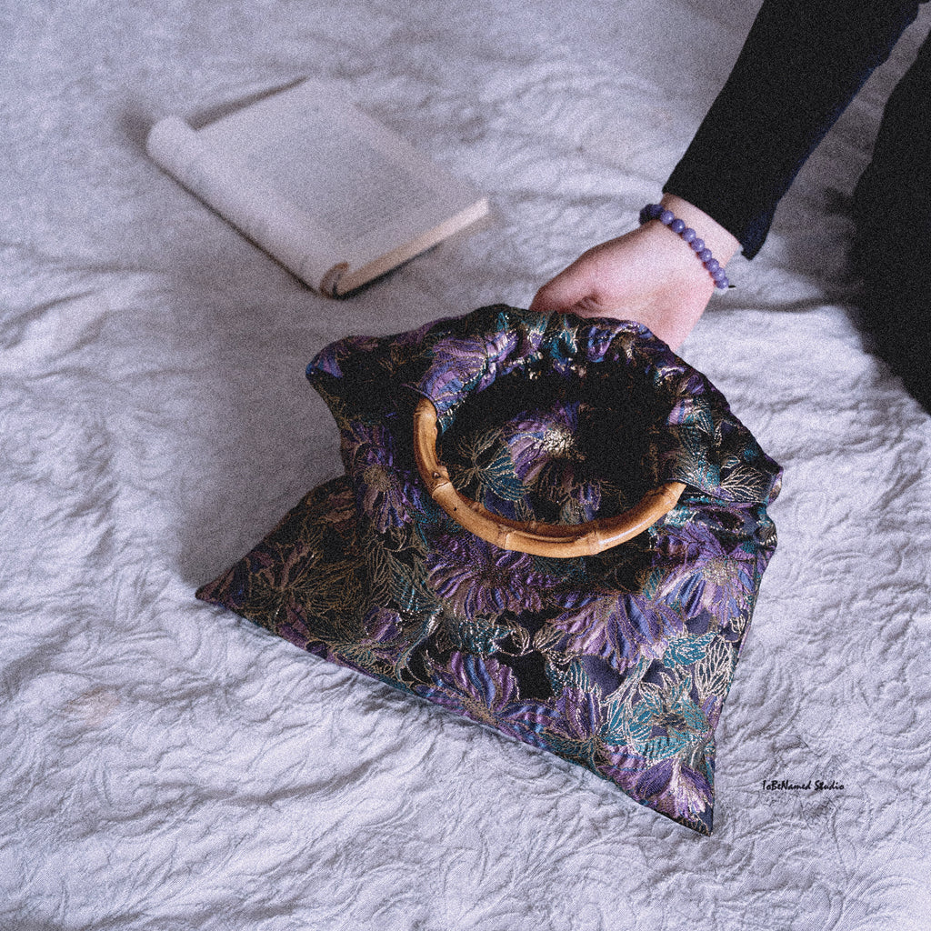 VIOLETTOMANIA Purple Floral Jacquard Bamboo Handbag